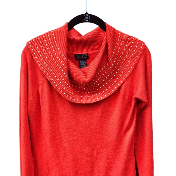 Questions Sweaters - Questions Medium Sweater Studded Orange Pumpkin Gold Cowl Neck Tunic Knit